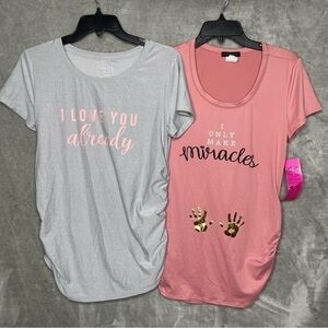Set of 2 Short Sleeve Graphic Maternity Shirts Crew & Scoop Neck Small & Medium